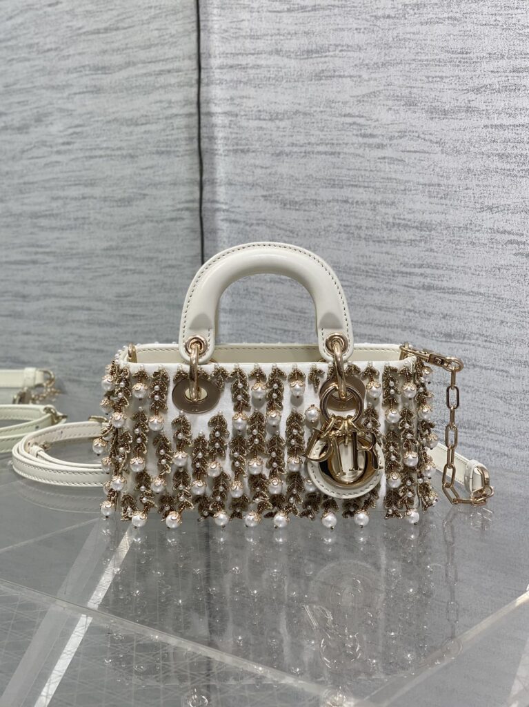 Dior- Lady D-Joy Bag-Limited Edition Heavy Beads-Gold&White