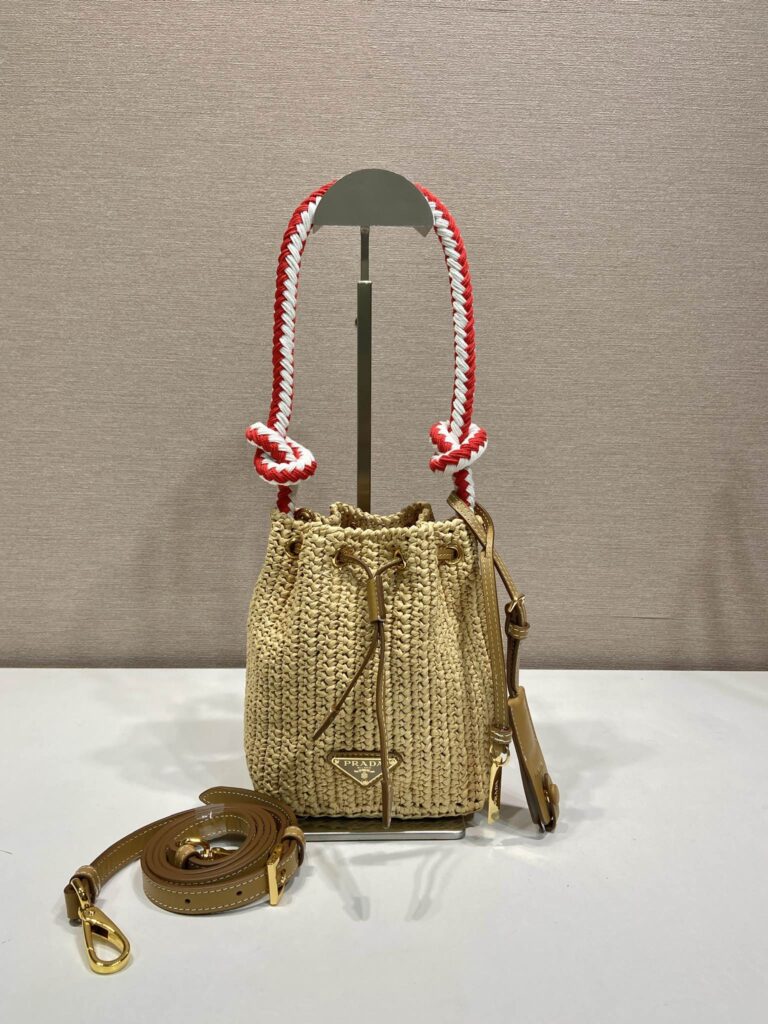 Prada-Crochet And Leather Mini-bucket Bag-Brown-1BE068