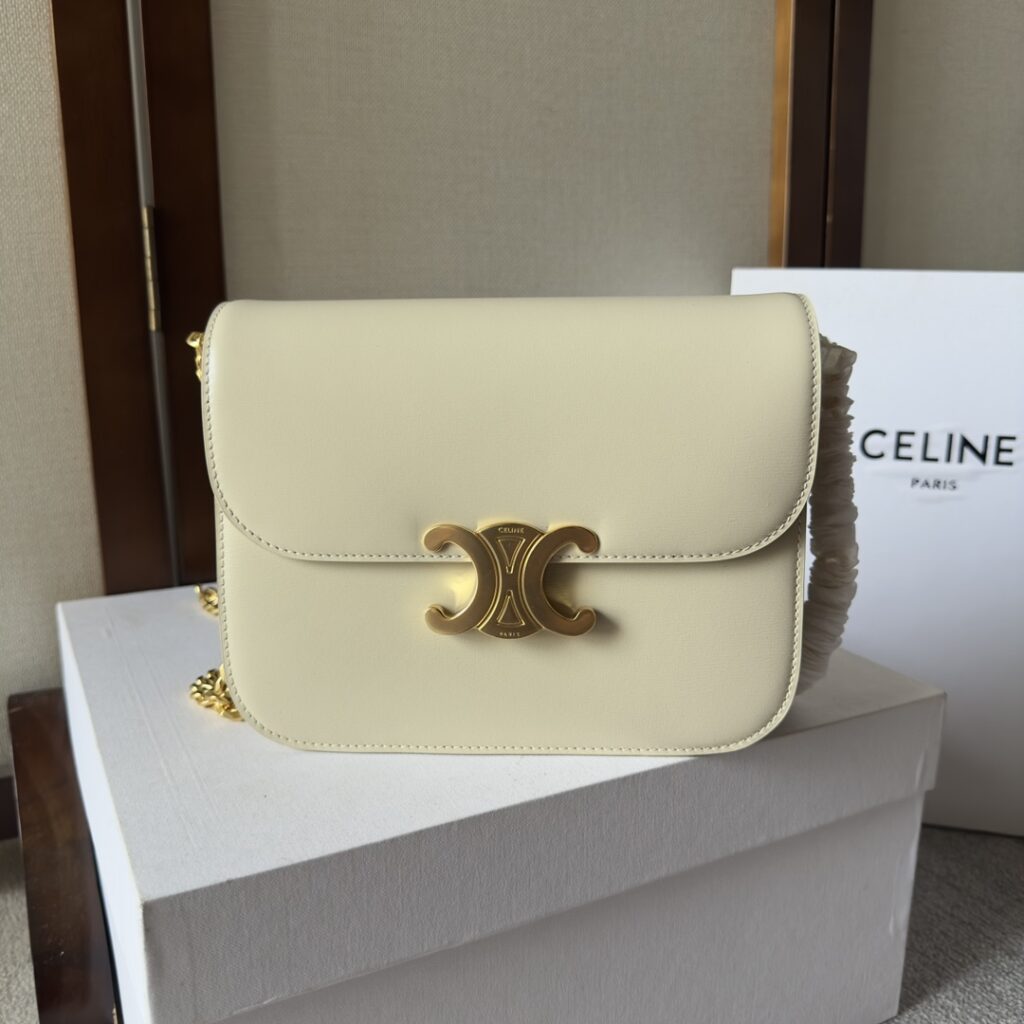 Celine College Triomphe Leather Shoulder Bag-Beige