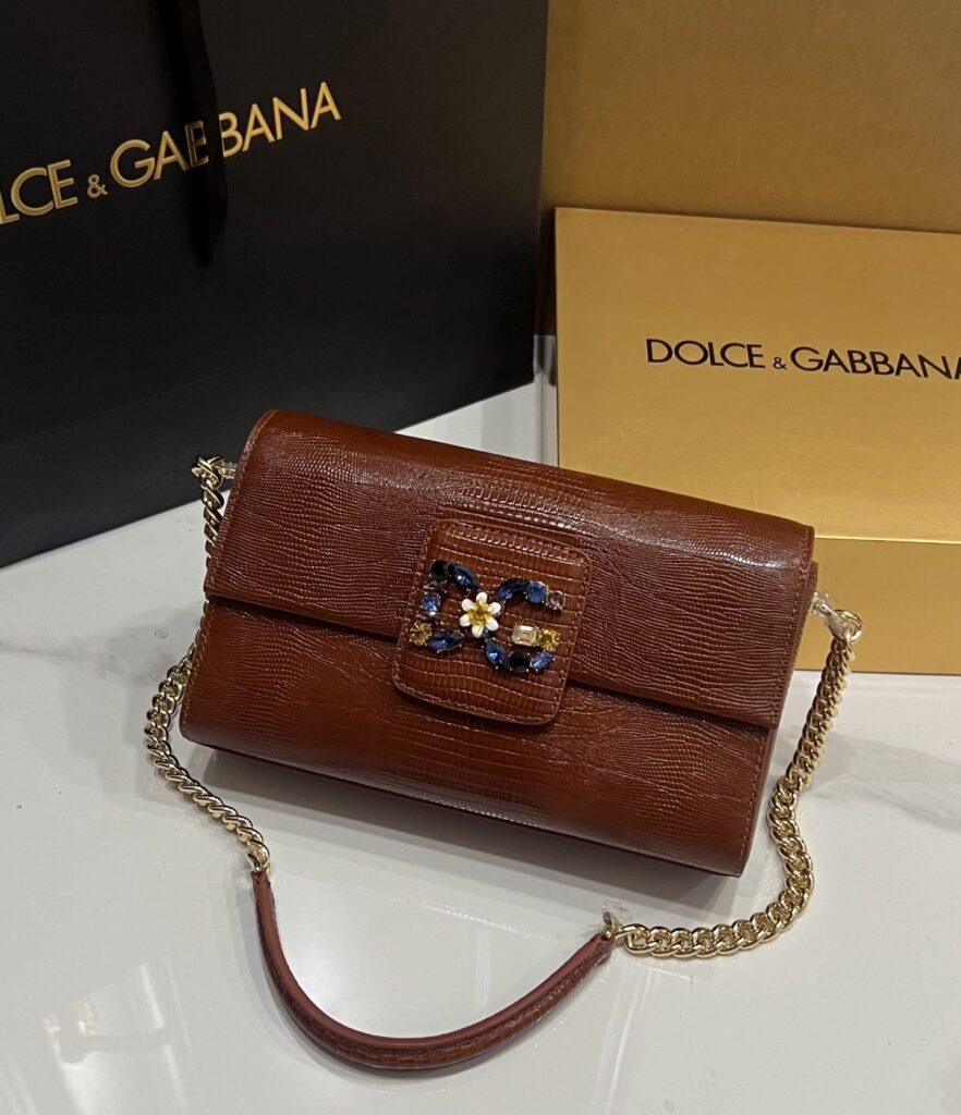 Dolce & Gabban-Cow Leather Pressed Lizard Pattern-Brown